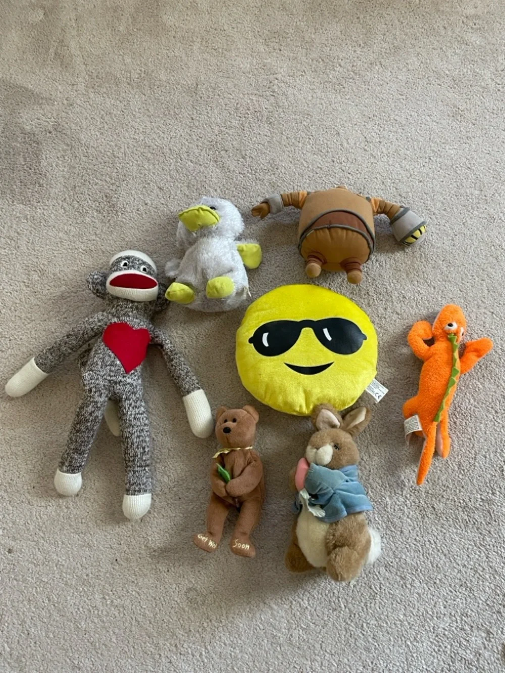 Plush Emoji Pillow and Assorted Soft Toys - Yellow, Brown, Orange, Gray